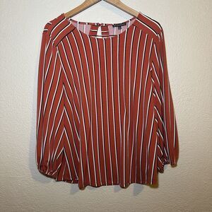 Adrianna Papell Size L Women's Blouse Orange White striped 3/4 Sleeve Top Button